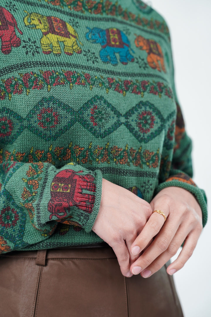 Green Block Print Knitted Sweater