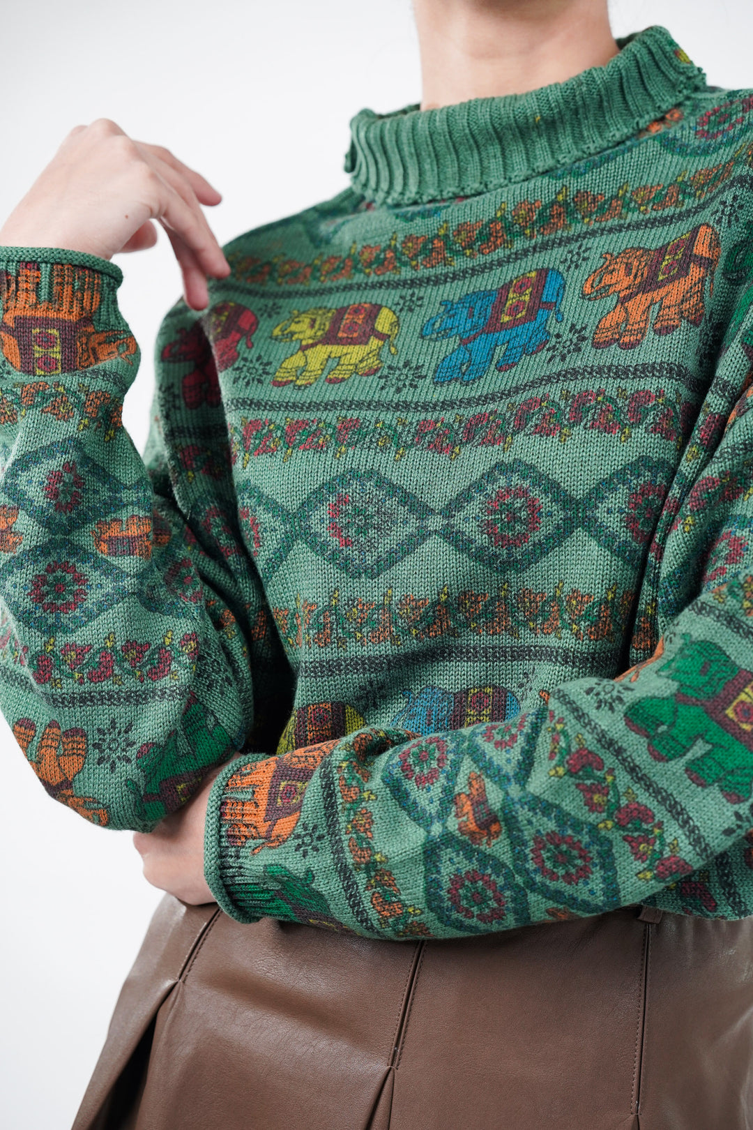 Green Block Print Knitted Sweater