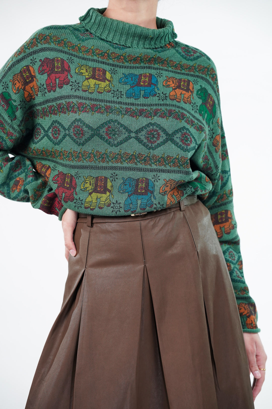 Green Block Print Knitted Sweater