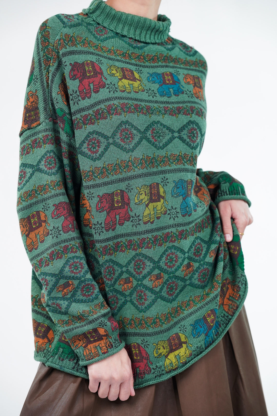 Green Block Print Knitted Sweater