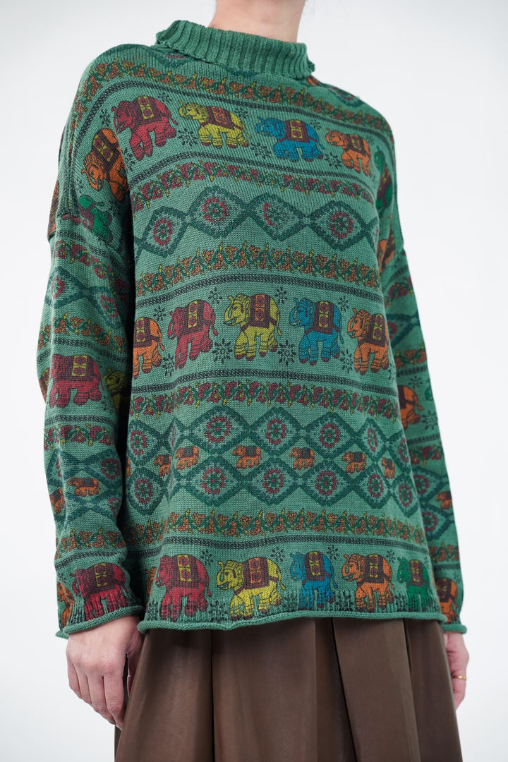 Green Block Print Knitted Sweater