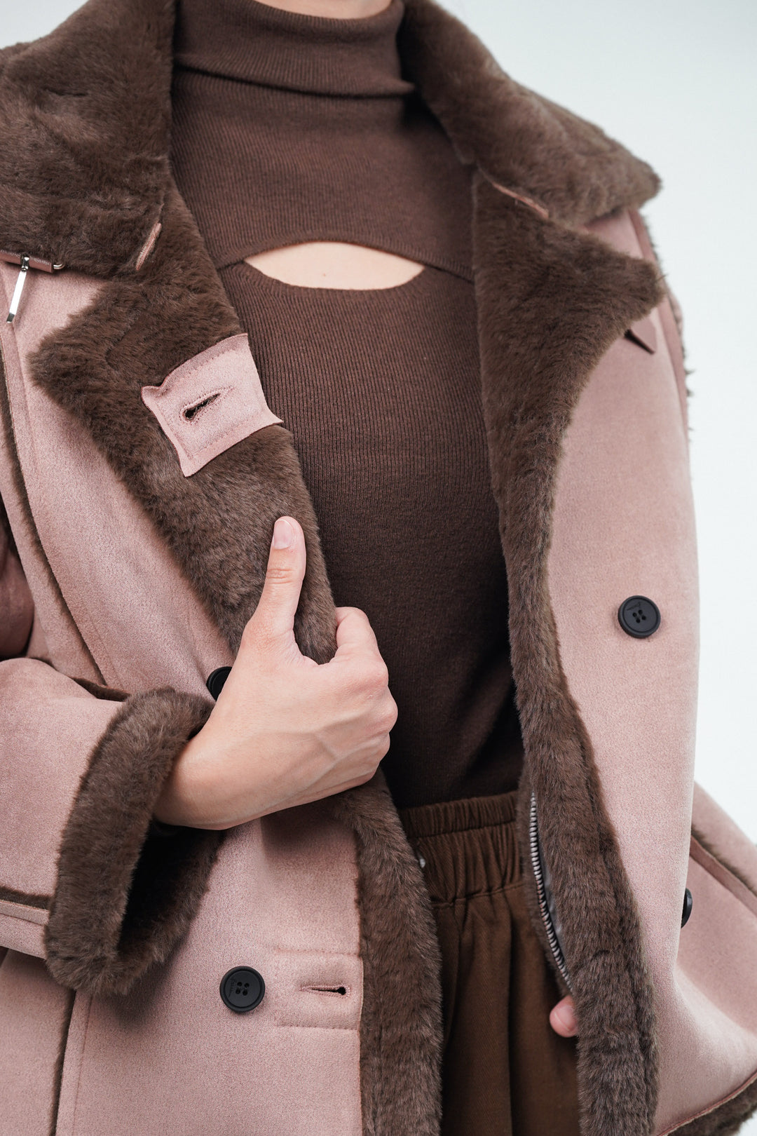 Brown fur jacket with convertible high-neck collar