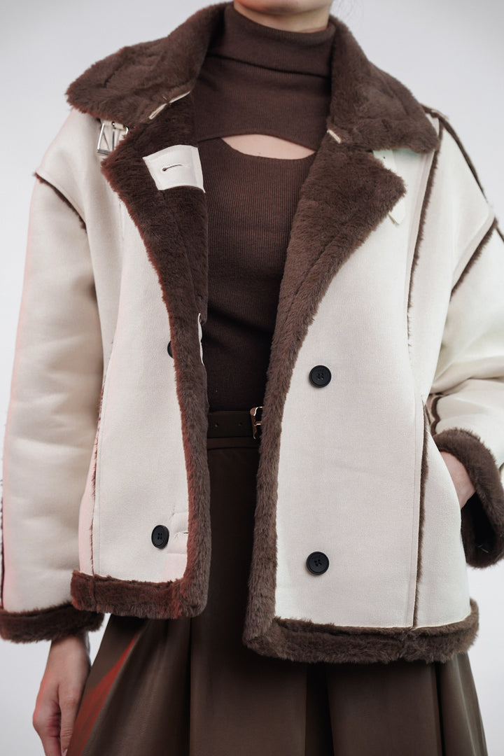 Off-white suede jacket with brown fur detailing