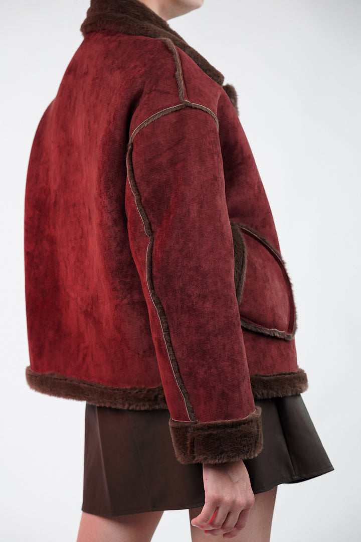 High-neck fur-lined suede jacket for winter