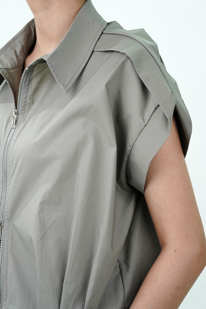 Grey Double Zipper Pleated Hem Top