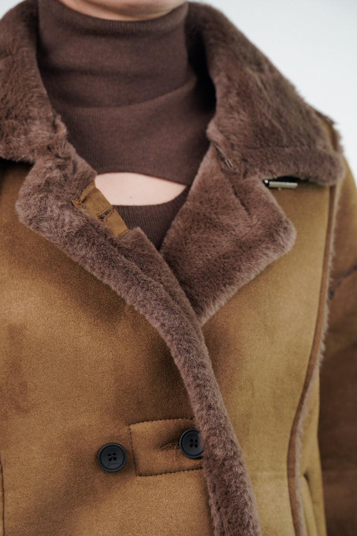 Brown suede winter jacket with convertible collar