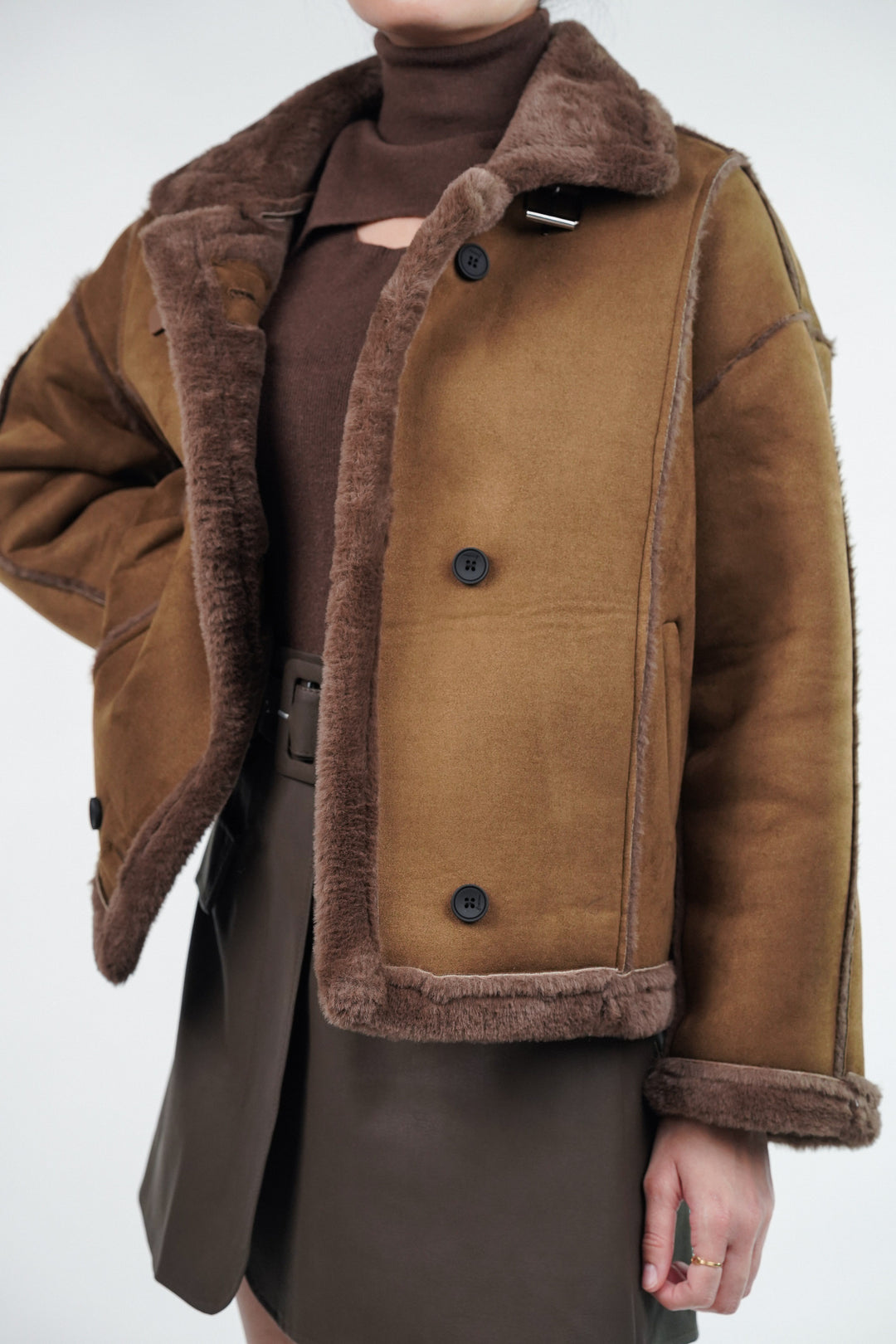 Brown suede jacket with full fur sleeves