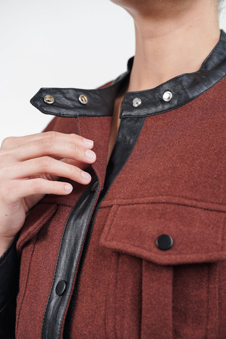 Snap button wool jacket with leather details