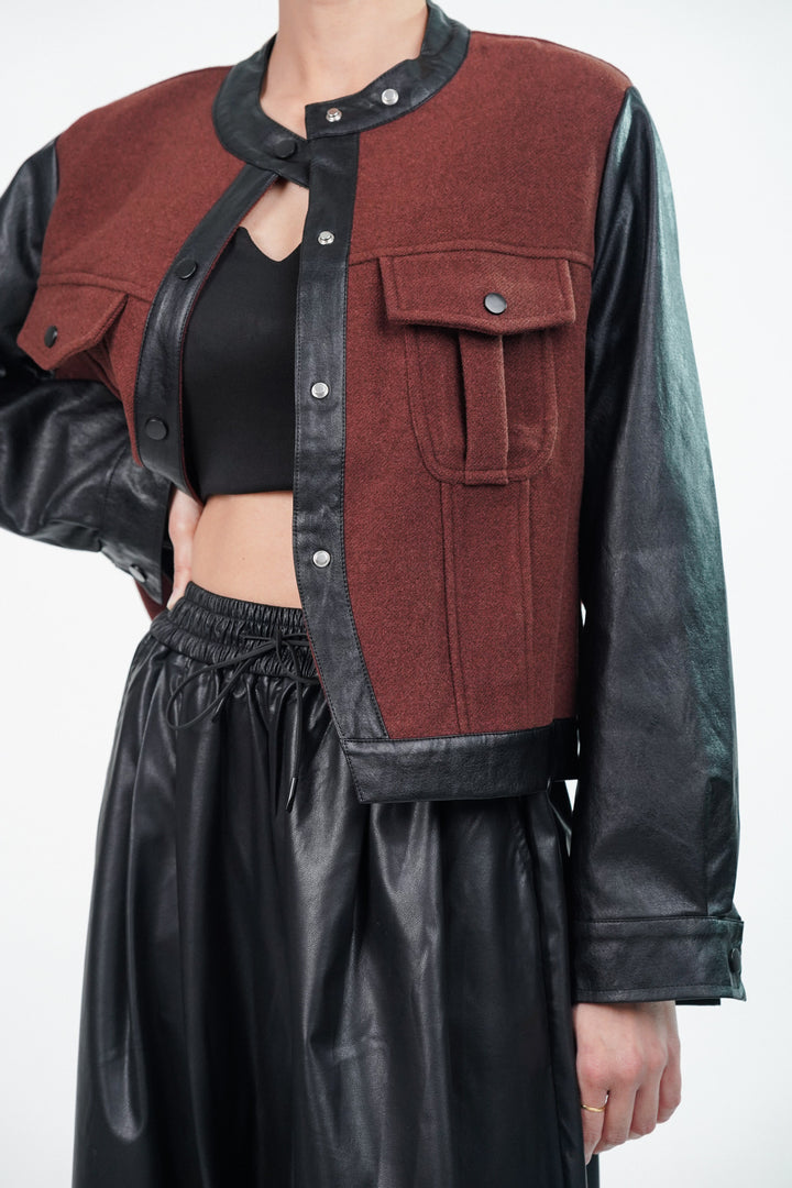 Relaxed fit rust jacket with leather sleeves