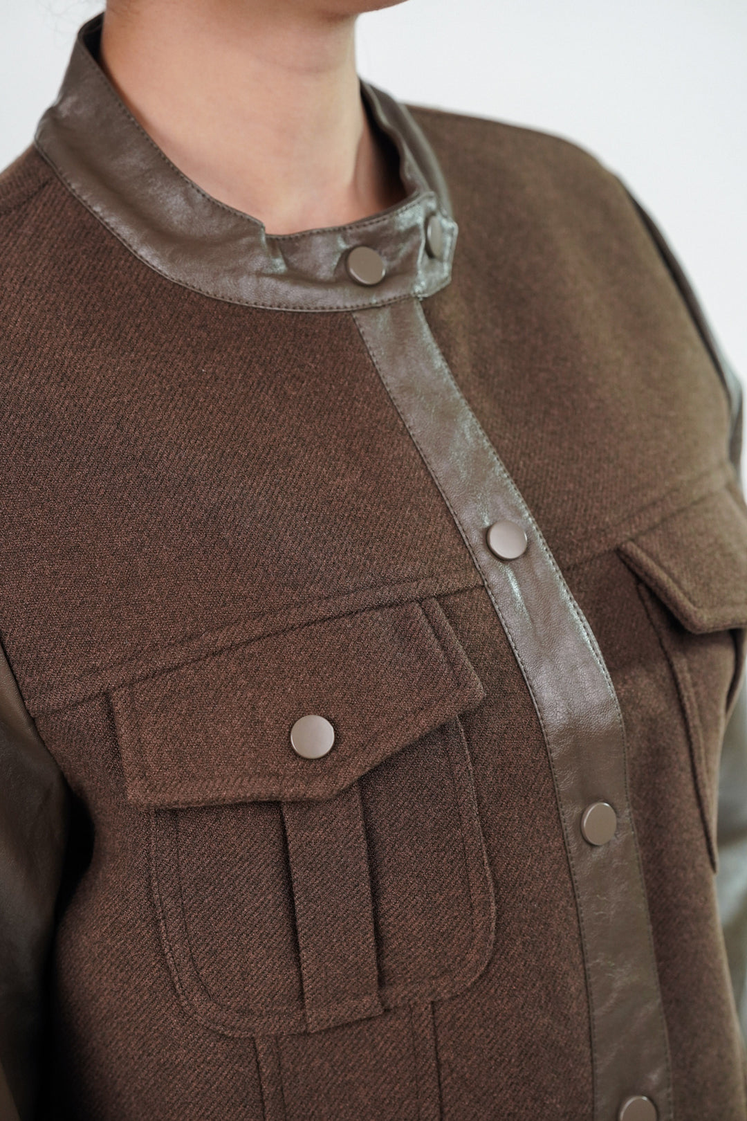 Round Neck Brown wool jacket with snap buttons