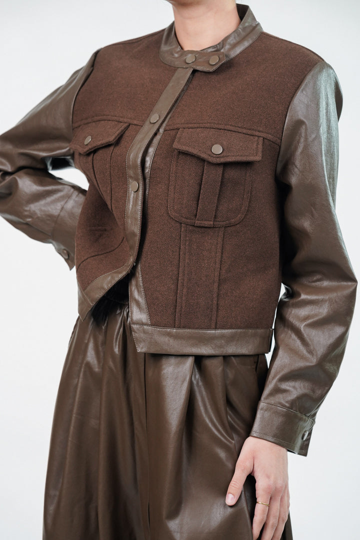 Brown Woolen Jacket With Leather Sleeves