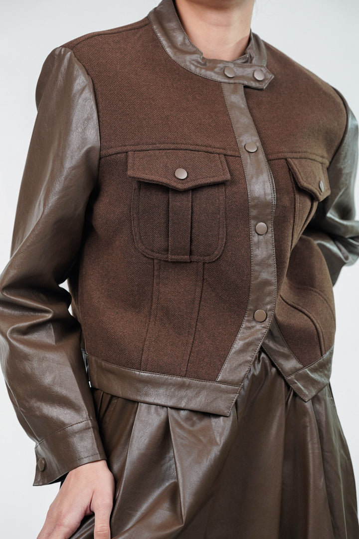 Brown wool jacket with leather sleeves