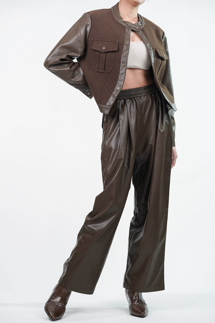 Brown Woolen Jacket With Leather Sleeves