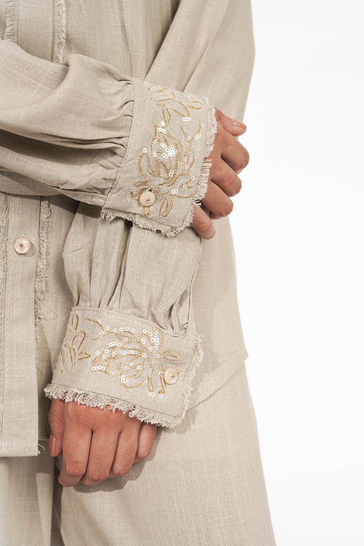 Beige & Gold Embroidered Linen Co-ord Set