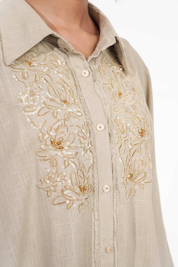 Beige & Gold Embroidered Linen Co-ord Set