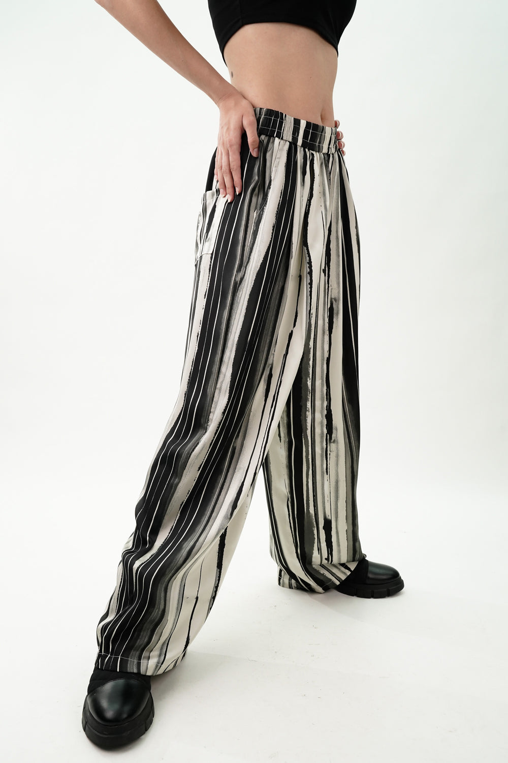 Black and white striped satin pants