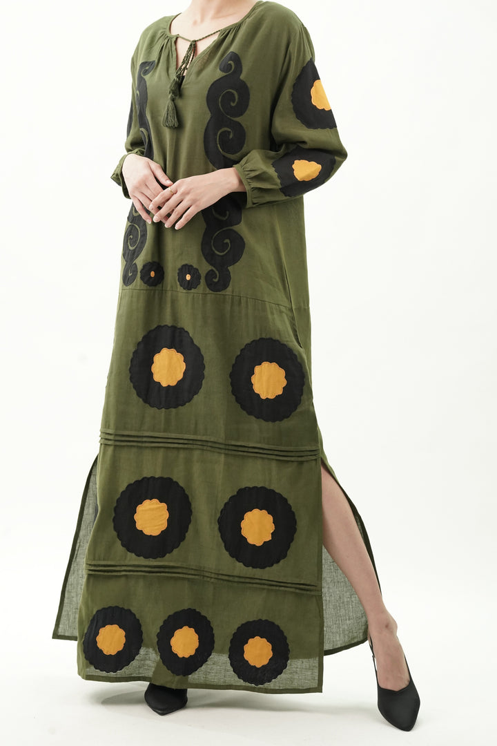 Patch Work Olive Cotton Dress