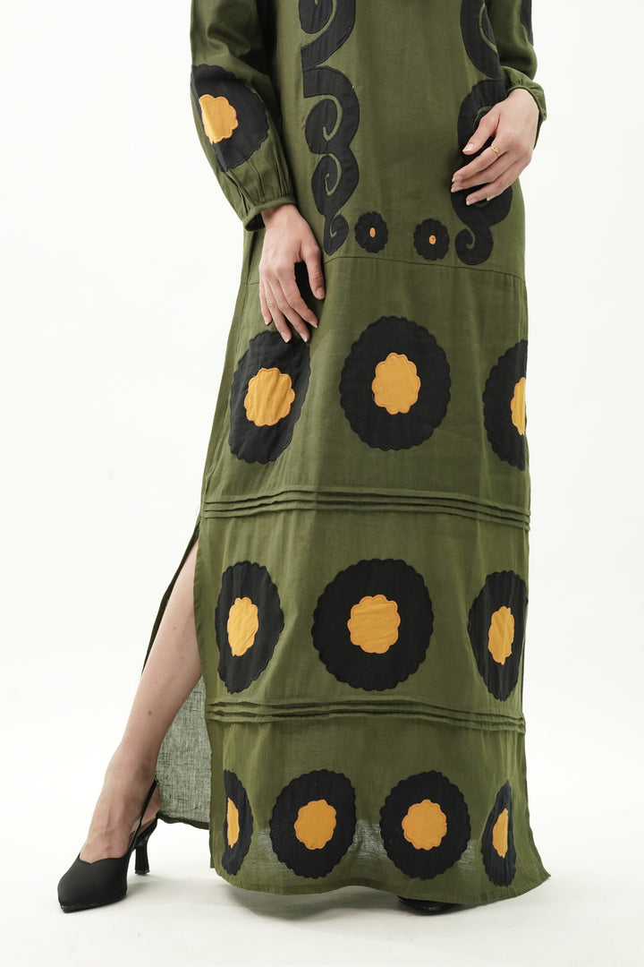 Patch Work Olive Cotton Dress