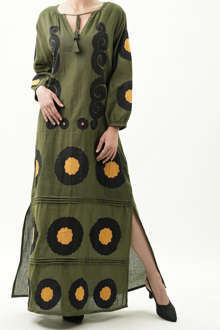 Patch Work Olive Cotton Dress