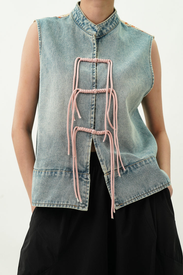 Denim Top with Satin Embroided Yoke