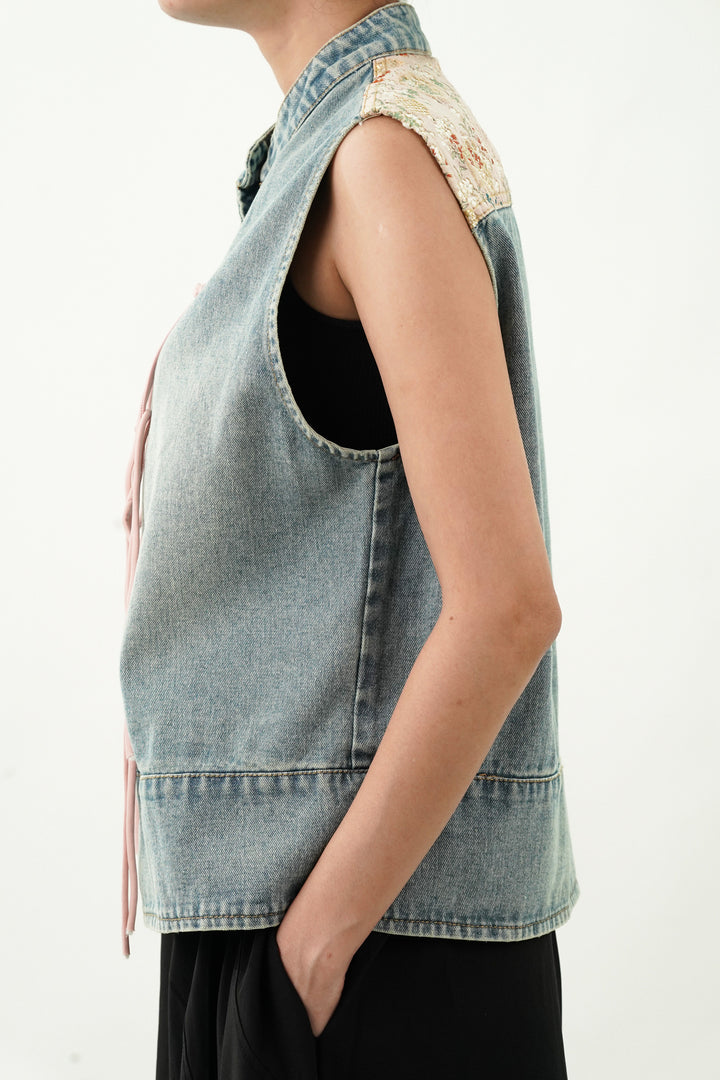 Denim Top with Satin Embroided Yoke