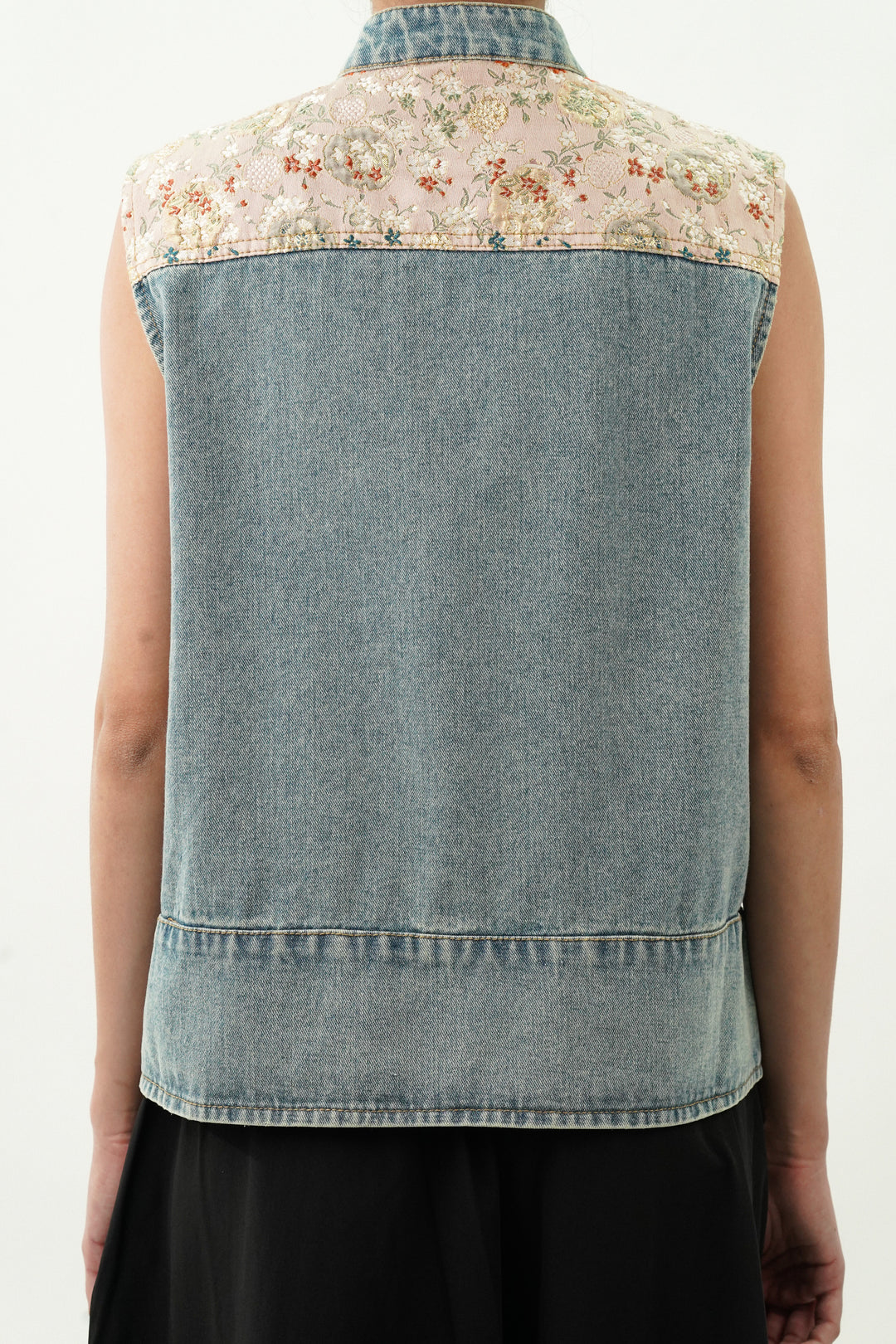 Denim Top with Satin Embroided Yoke