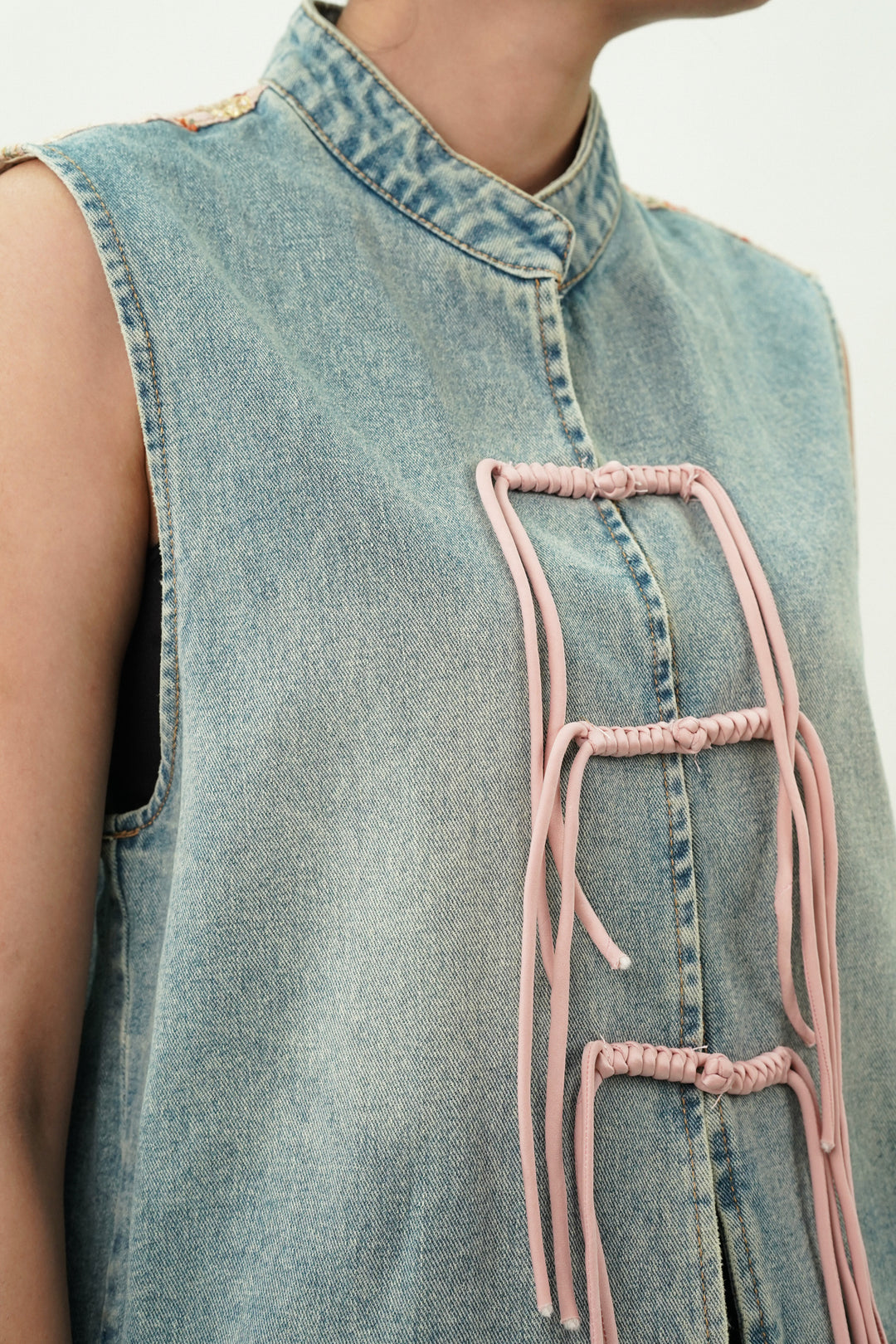 Denim Top with Satin Embroided Yoke