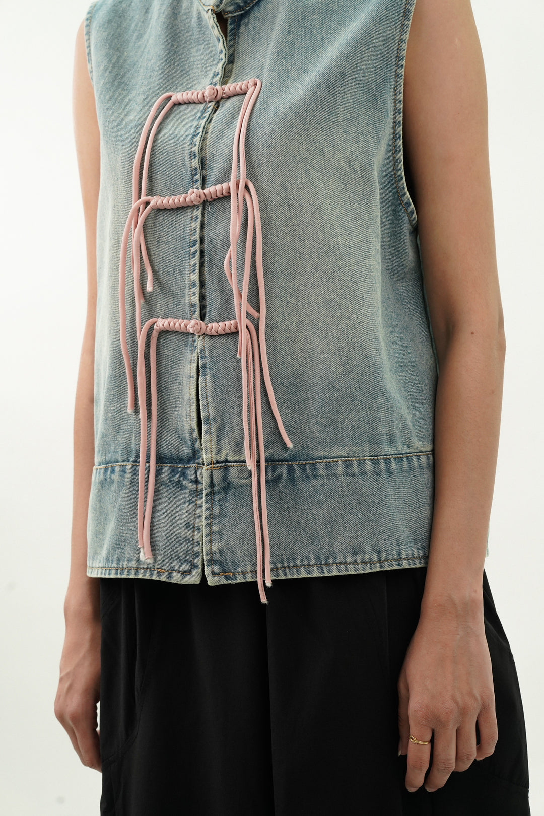 Denim Top with Satin Embroided Yoke