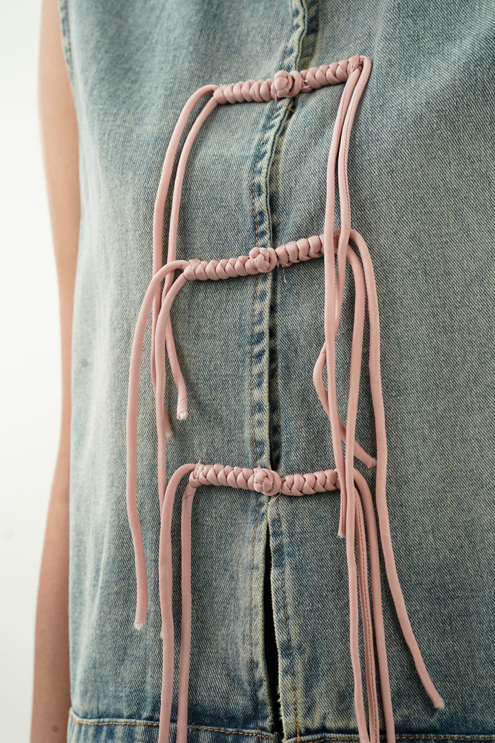 Denim Top with Satin Embroided Yoke