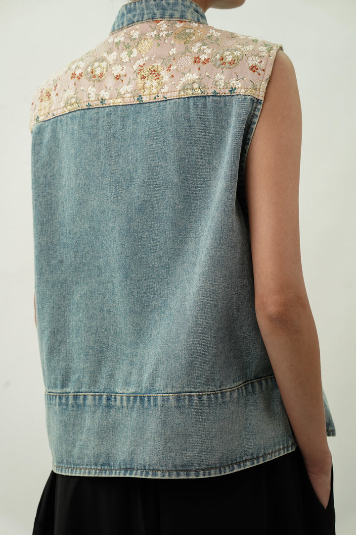 Denim Top with Satin Embroided Yoke