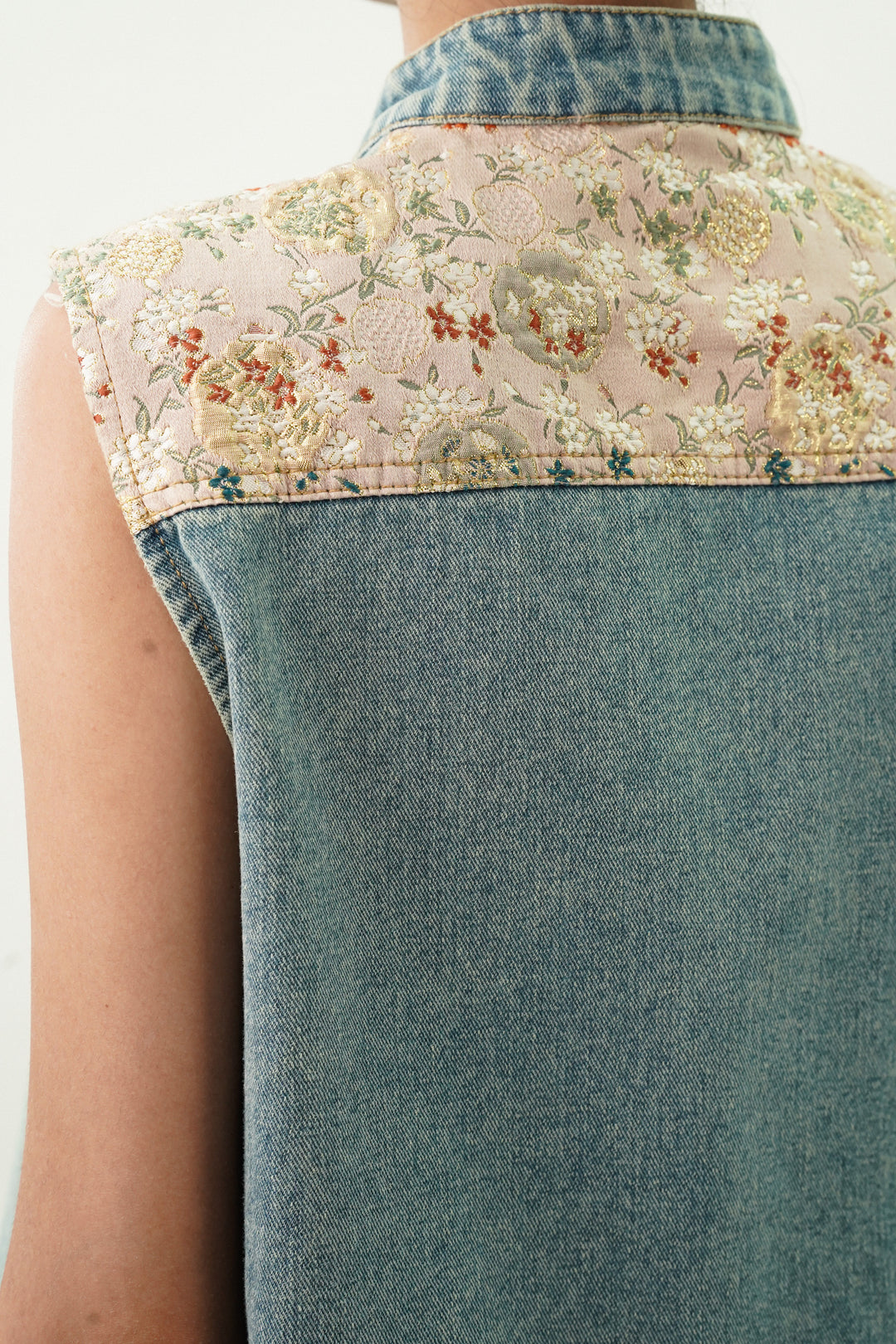 Denim Top with Satin Embroided Yoke