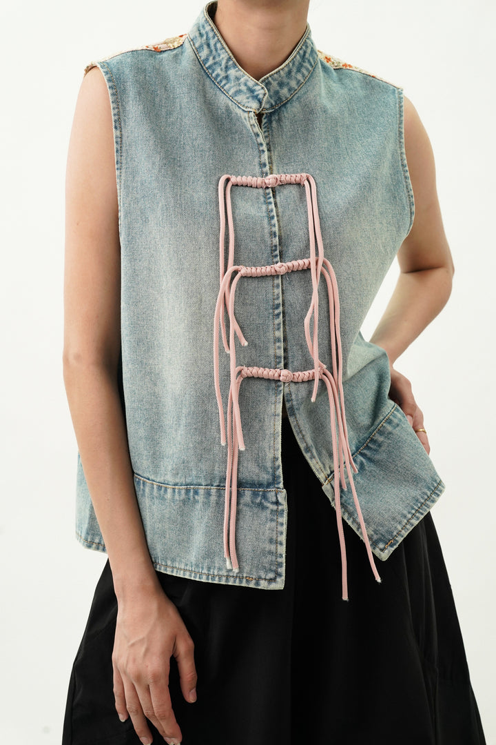 Denim Top with Satin Embroided Yoke