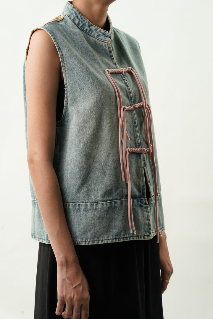 Denim Top with Satin Embroided Yoke