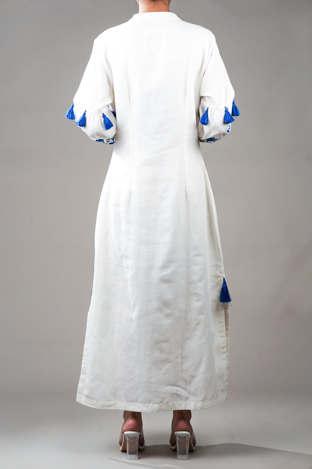 White Embroidered Cotton Dress With Tassels