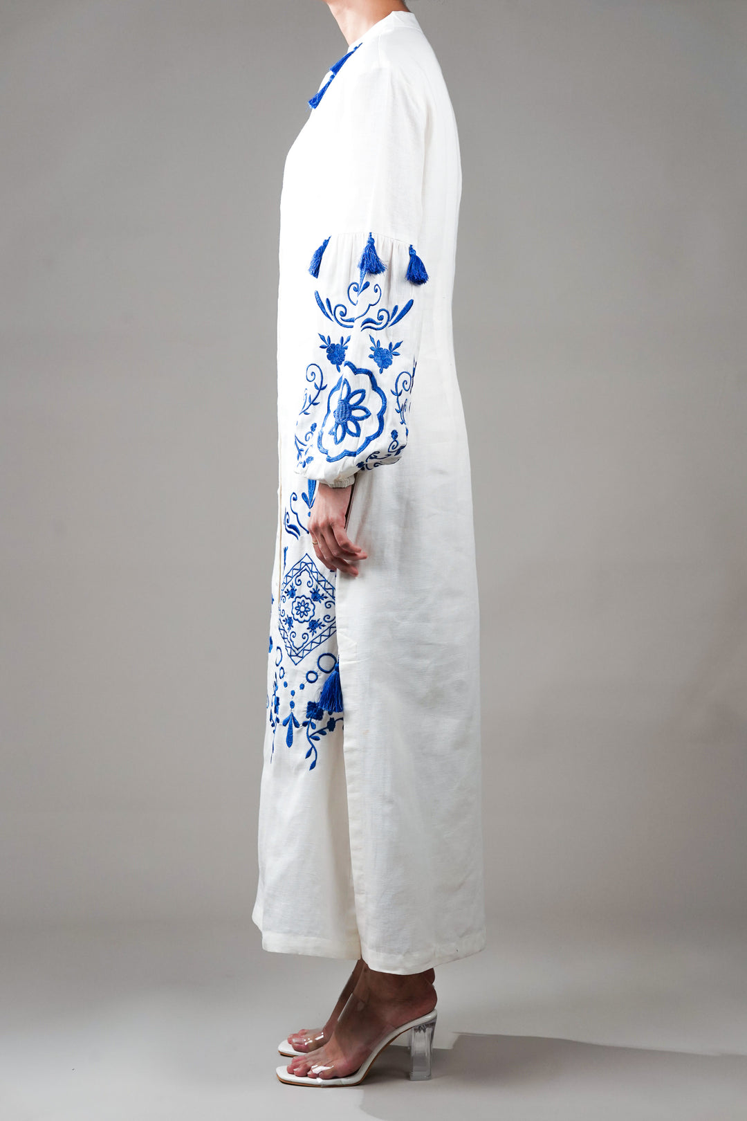 White Embroidered Cotton Dress With Tassels