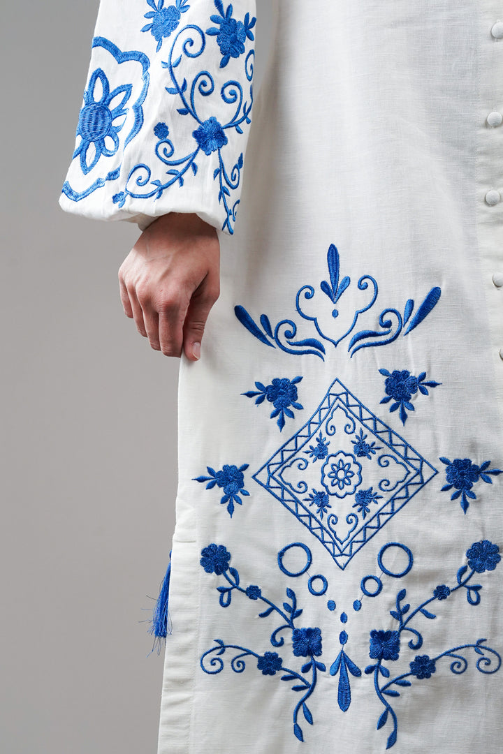 White Embroidered Cotton Dress With Tassels