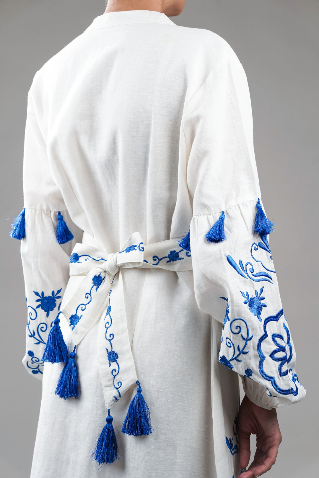 White Embroidered Cotton Dress With Tassels