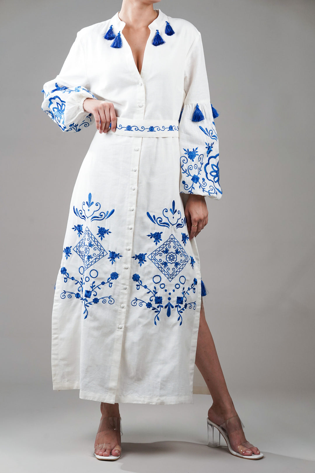 White Embroidered Cotton Dress With Tassels