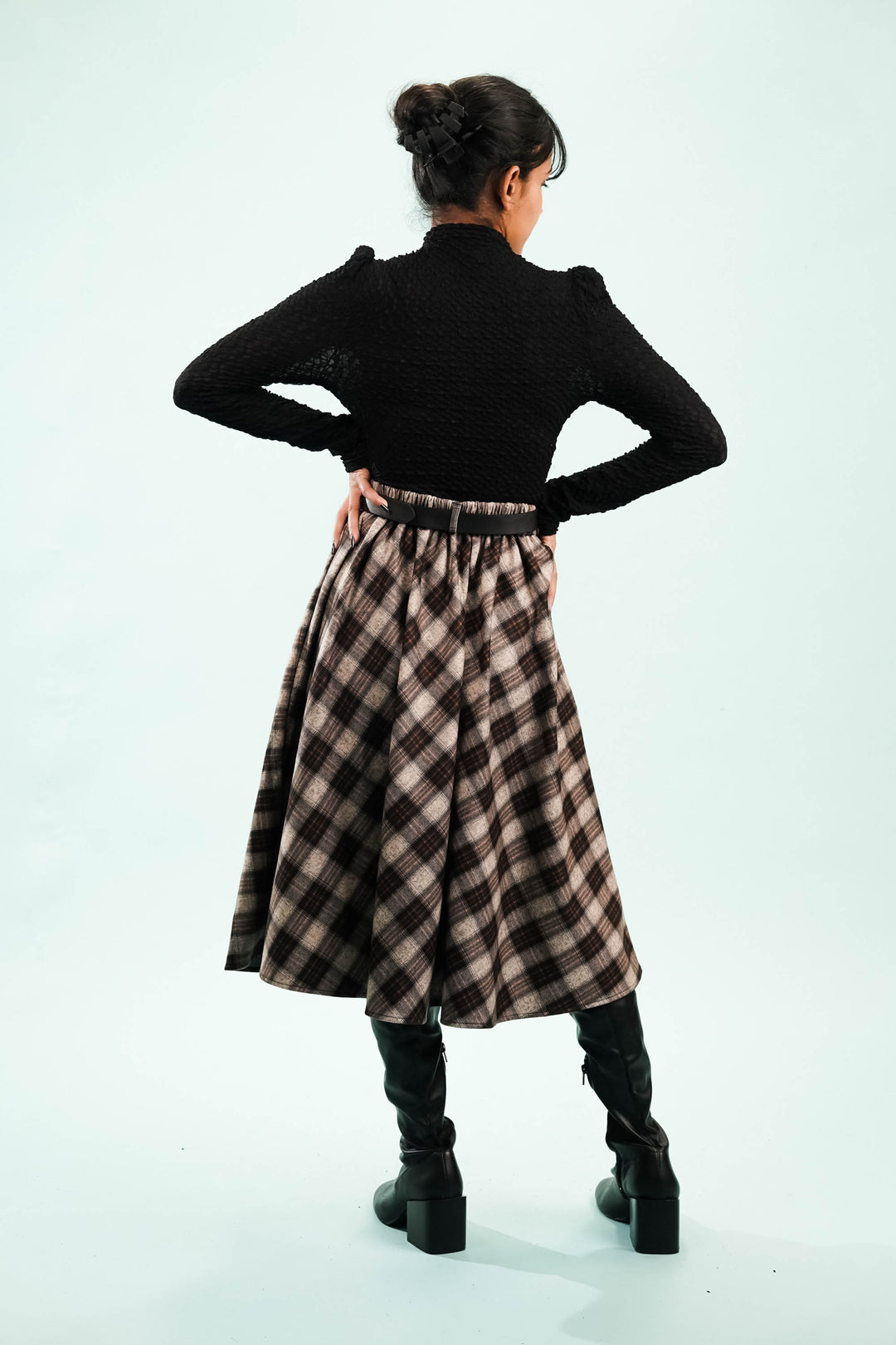Flare Checkered Skirt With Belt