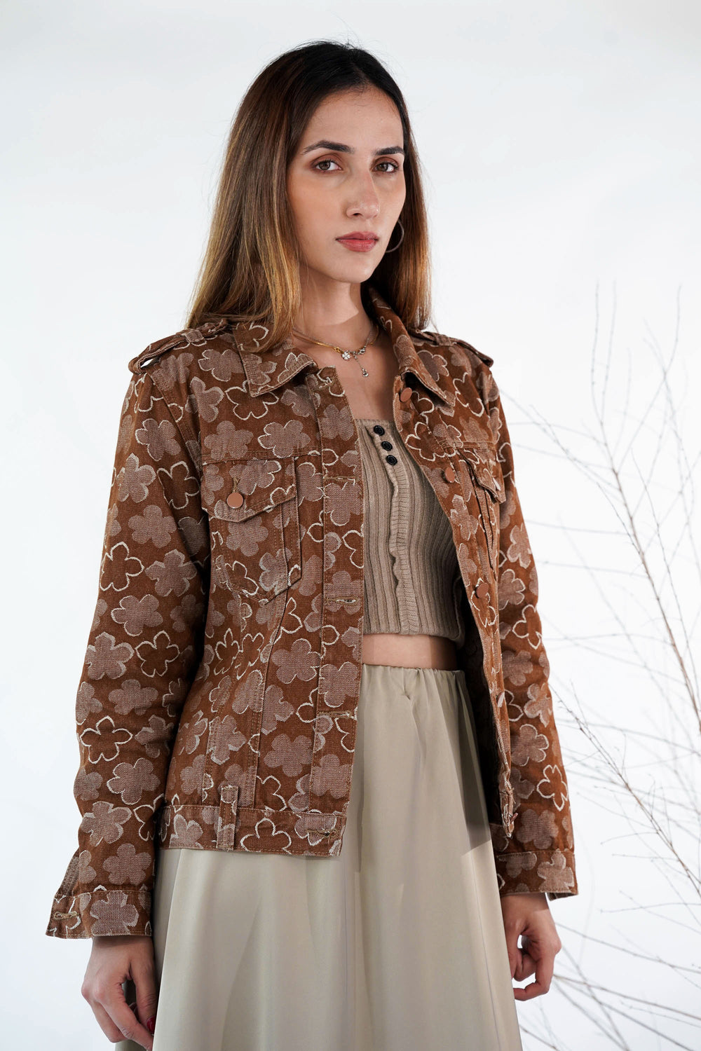 Woven Denim Jacket with Floral Pattern