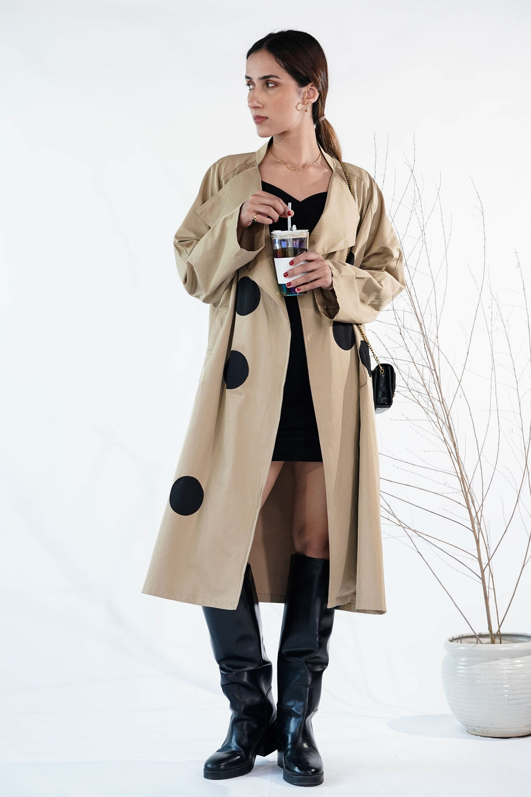 Light Brown Trench Coat With Patch Polka Dot