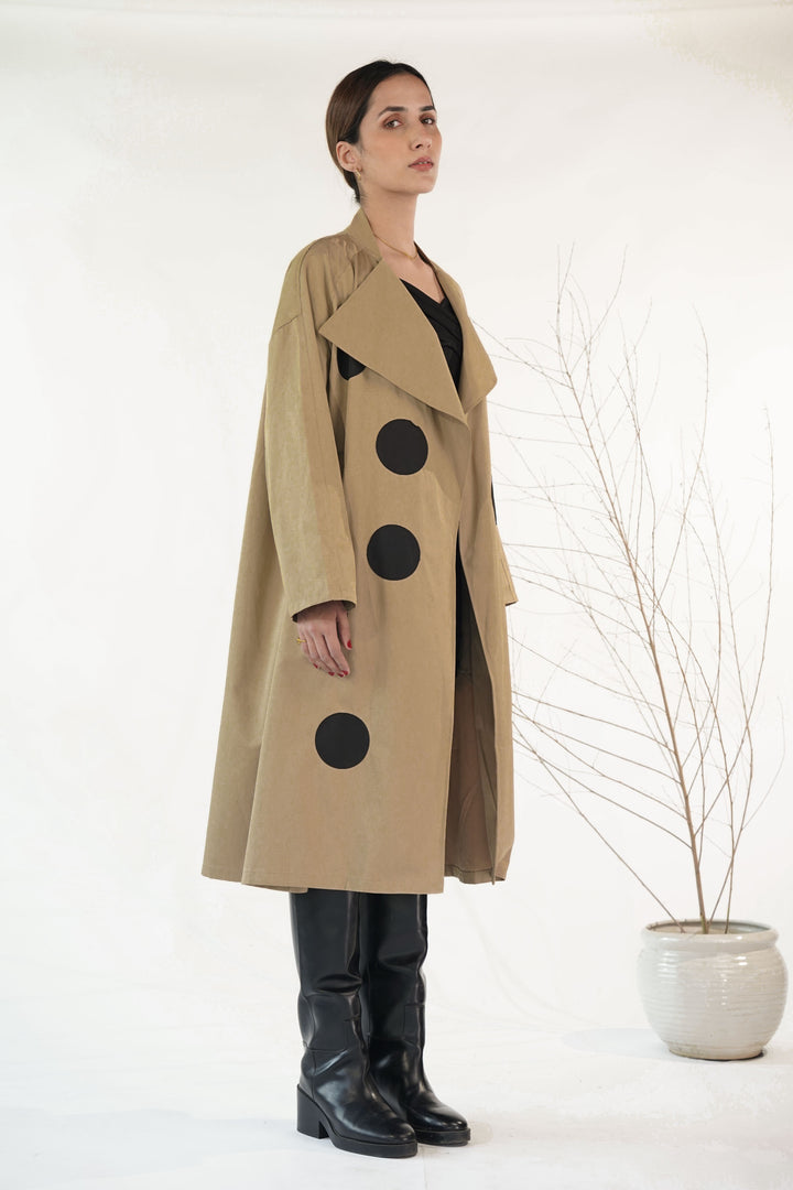 Light Brown Trench Coat With Patch Polka Dot