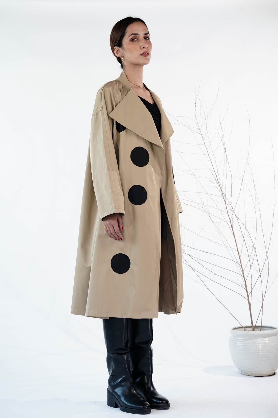 Light Brown Trench Coat With Patch Polka Dot