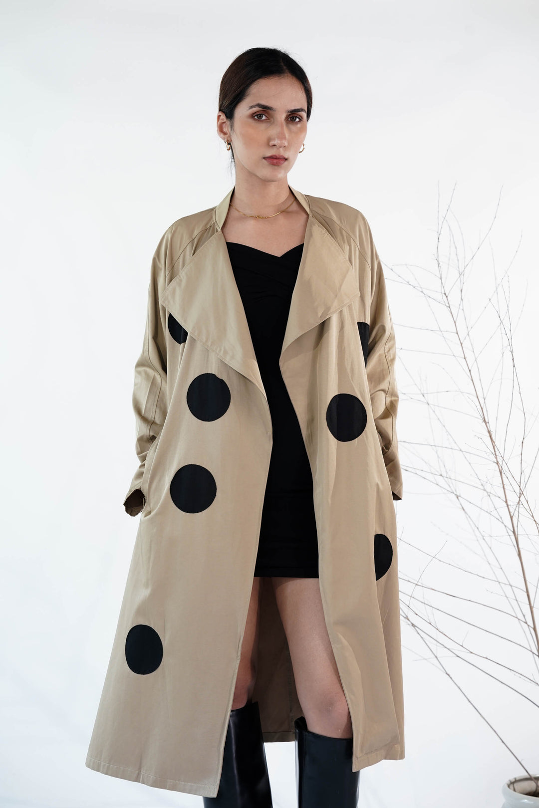 Light Brown Trench Coat With Patch Polka Dot