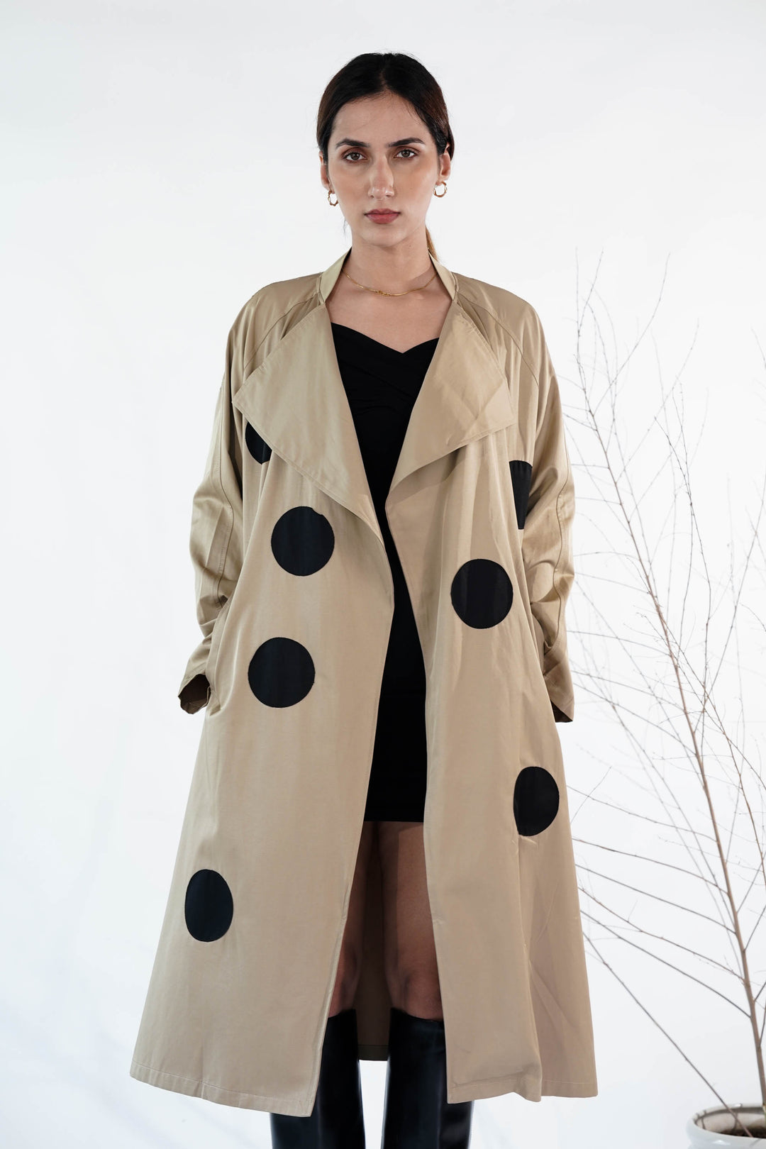 Light Brown Trench Coat With Patch Polka Dot