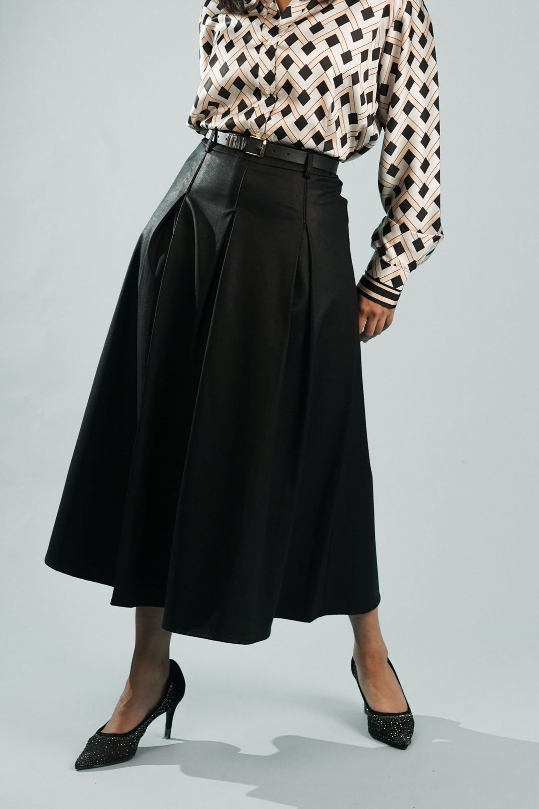 Black faux leather skirt with belt for office