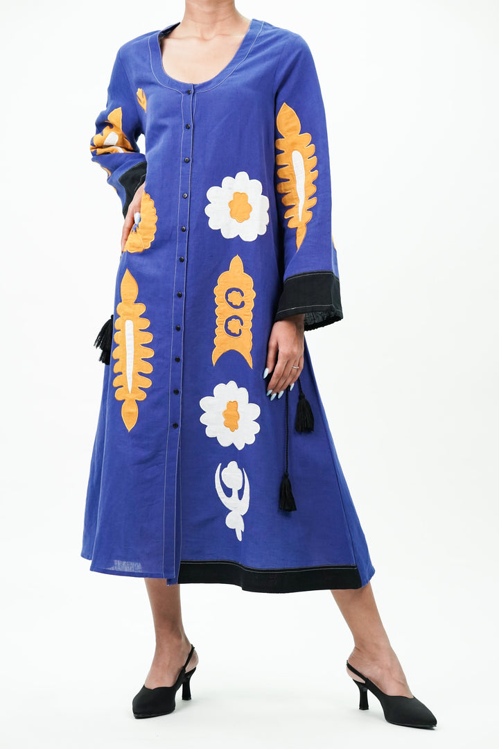 Blue Patch Work Oversized Cotton Dress