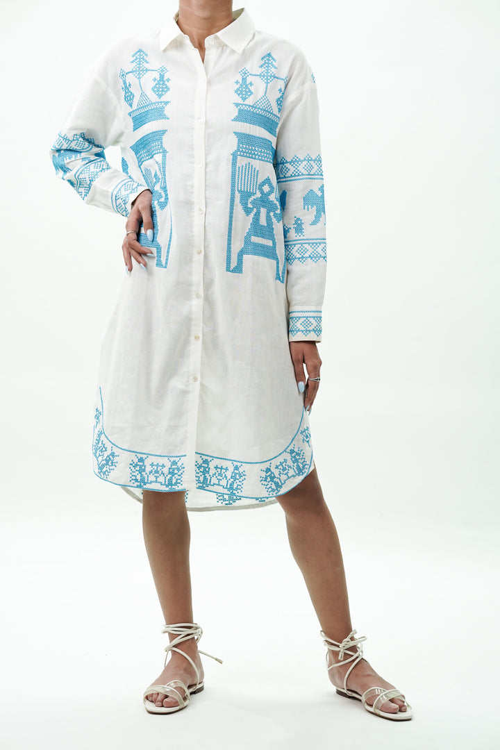 Blue Sindhi Thread Work Cotton Linen Dress