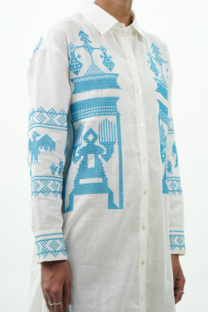 Blue Sindhi Thread Work Cotton Linen Dress