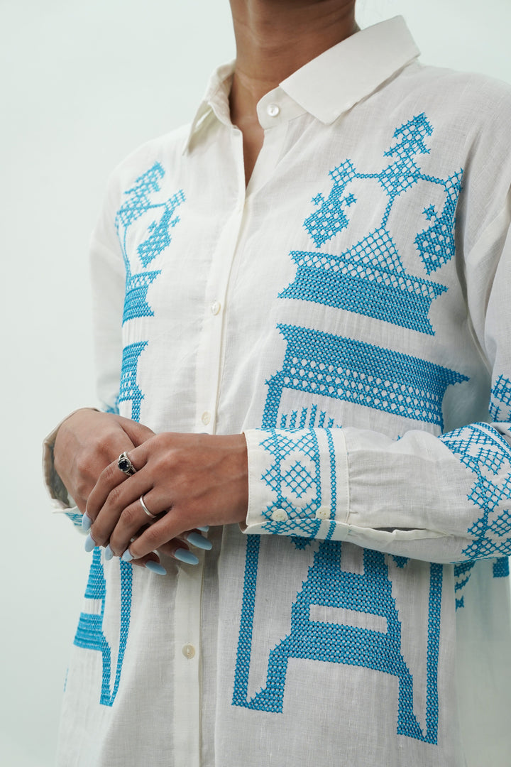 Blue Sindhi Thread Work Cotton Linen Dress